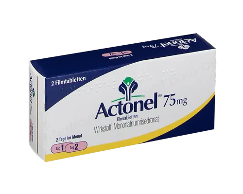 A box of Actonel 75 mg film-coated tablets with the active ingredient Risedronate mononatrium. The box contains 2 tablets and is for two days per month.
