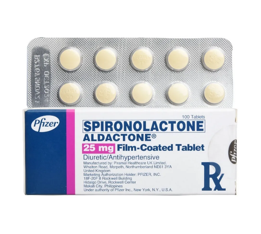 A box and a blister pack of Pfizer Aldactone (Spironolactone) 25 mg film-coated tablets.