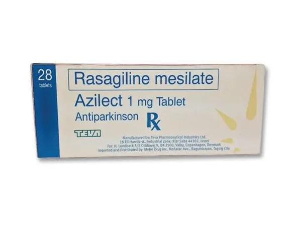 Rasagiline A box of Teva Pharmaceutical Industries Azilect (Rasagiline mesilate) 1 mg tablets, for antiparkinsonian use.