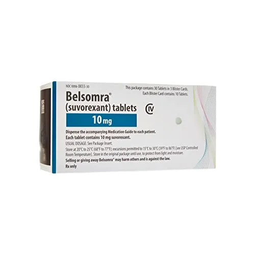 Suvorexant A box of Merck Belsomra (suvorexant) 10 mg tablets, containing three blister cards.
