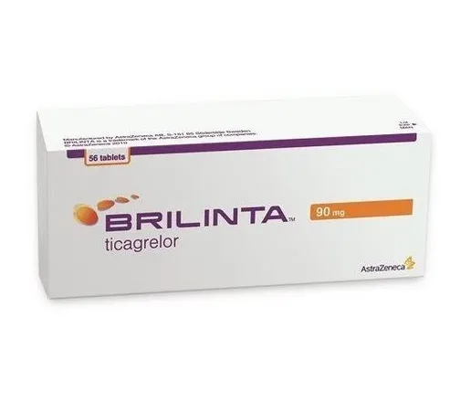 Ticagrelor A box of AstraZeneca Brilinta (ticagrelor) 90 mg tablets, containing 56 tablets.