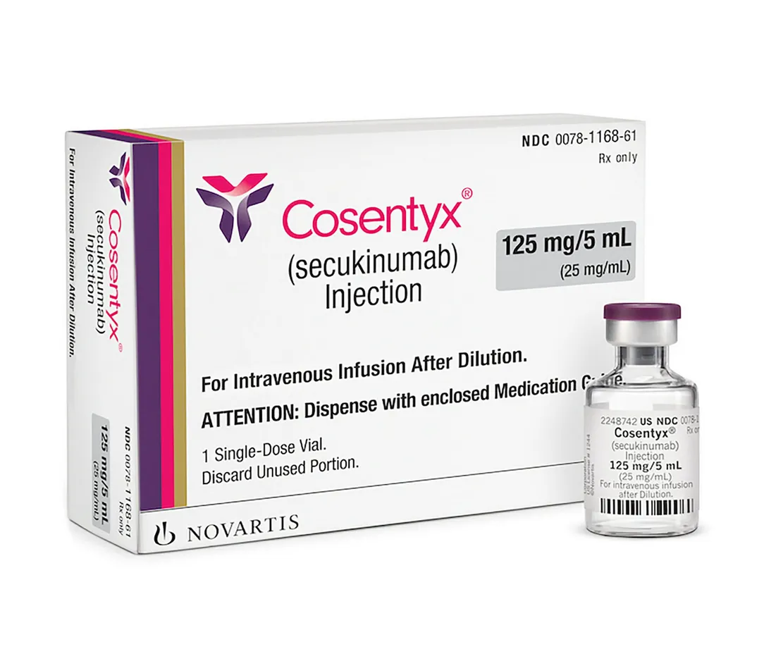 A box and a vial of Novartis Cosentyx (secukinumab) 125 mg/5 ml injection.
