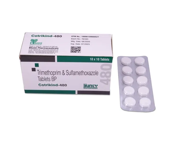 A box and a blister pack of Cotrikind-480 tablets, which contain Trimethoprim & Sulfamethoxazole.