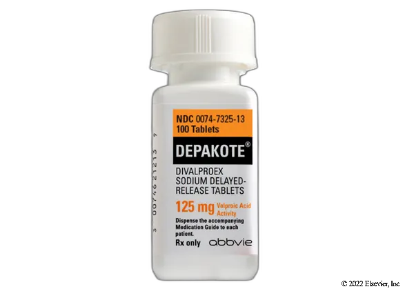 Sodium valproate A bottle of AbbVie Depakote (Divalproex sodium delayed-release tablets) 125 mg, containing 100 tablets.