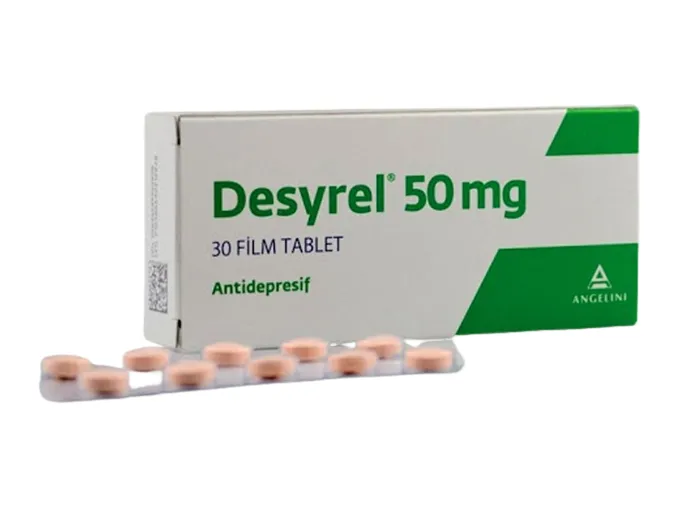 A box and a blister pack of Angelini Desyrel 50 mg film tablets.