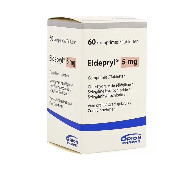 A box of Orion Pharma Eldepryl 5 mg tablets, containing 60 tablets.