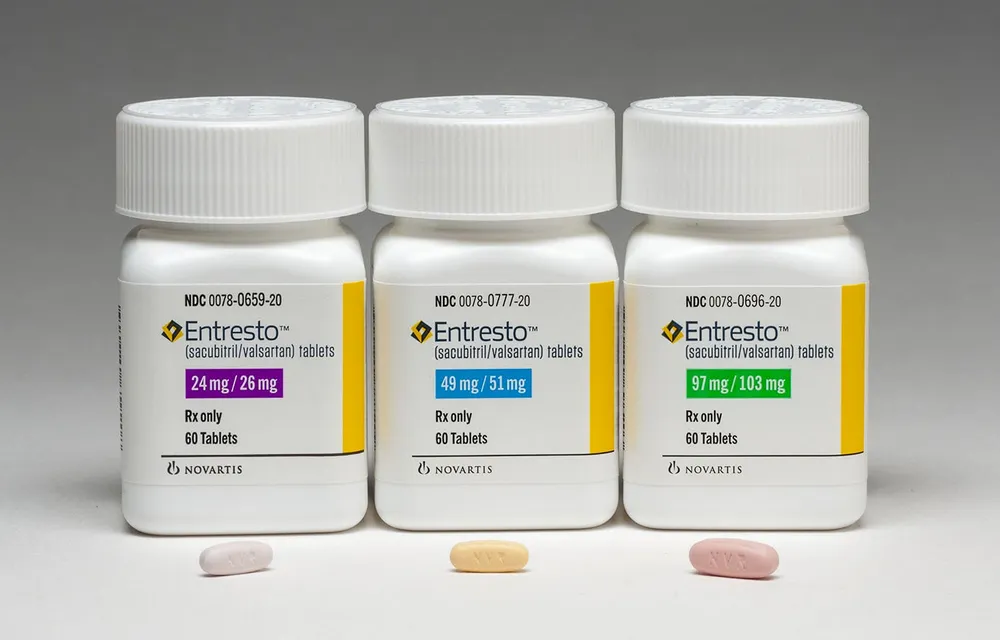 Sacubitril/Valsartan Three bottles of Novartis Entresto tablets in different strengths: 24 mg/26 mg, 49 mg/51 mg, and 97 mg/103 mg.