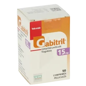 A box of Teva Gabitril (tiagabine) 15 mg film-coated tablets, containing 50 tablets.