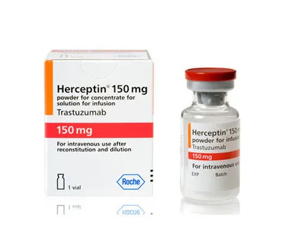 A box and a vial of Roche Herceptin (trastuzumab) 150 mg, powder for concentrate for solution for infusion.