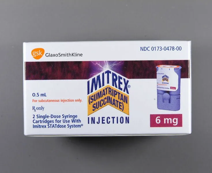 Sumatriptan A box of GlaxoSmithKline Imitrex (sumatriptan succinate) 6 mg injection, with a single-dose syringe cartridge.