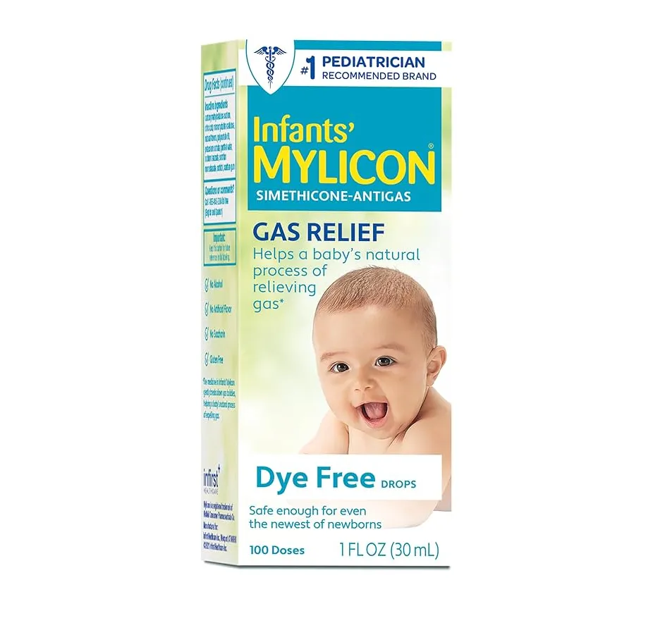 Simethicone A box of Infants' Mylicon Simethicone-Antigas Gas Relief Dye Free Drops, 1 FL OZ (30 mL), with a picture of a smiling baby.