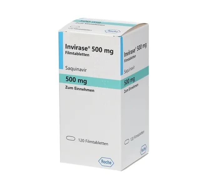 A box of Roche Invirase 500 mg film-coated tablets (Saquinavir), containing 120 tablets.