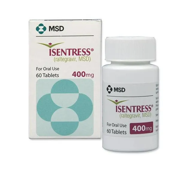 Raltegravir A box and a bottle of MSD Isentress (raltegravir) 400 mg tablets, containing 60 tablets.
