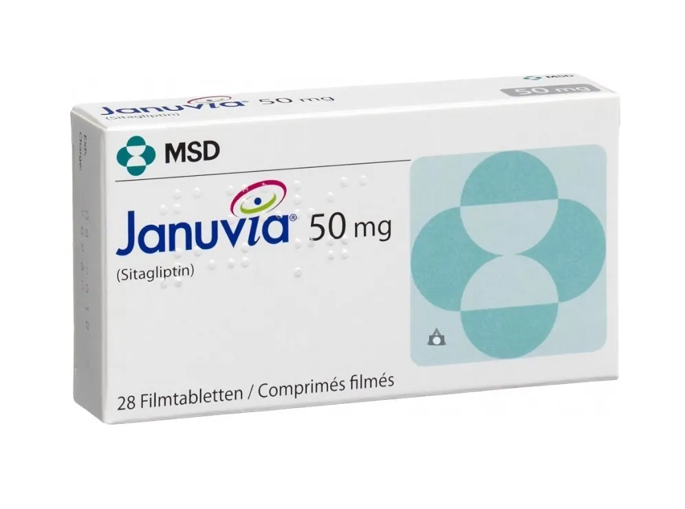 A box of MSD Januvia (Sitagliptin) 50 mg film-coated tablets, containing 28 tablets.