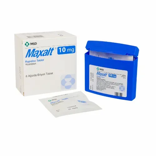 Rizatriptan A box and a blister pack of MSD Maxalt 10 mg Rapidisc tablets (Rizatriptan).