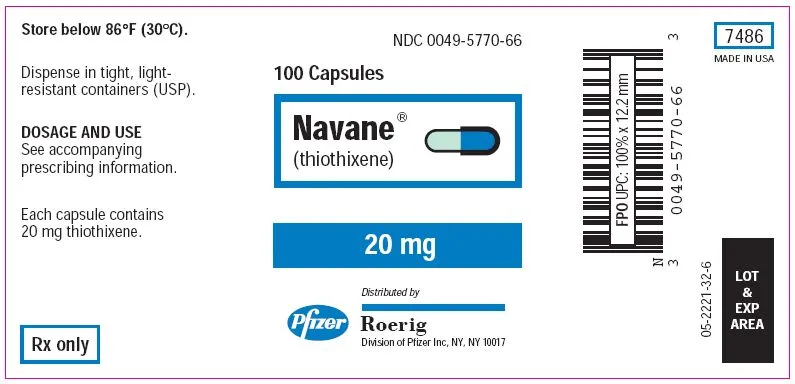 A label for Pfizer Roerig Navane (thiothixene) 20 mg capsules, containing 100 capsules.