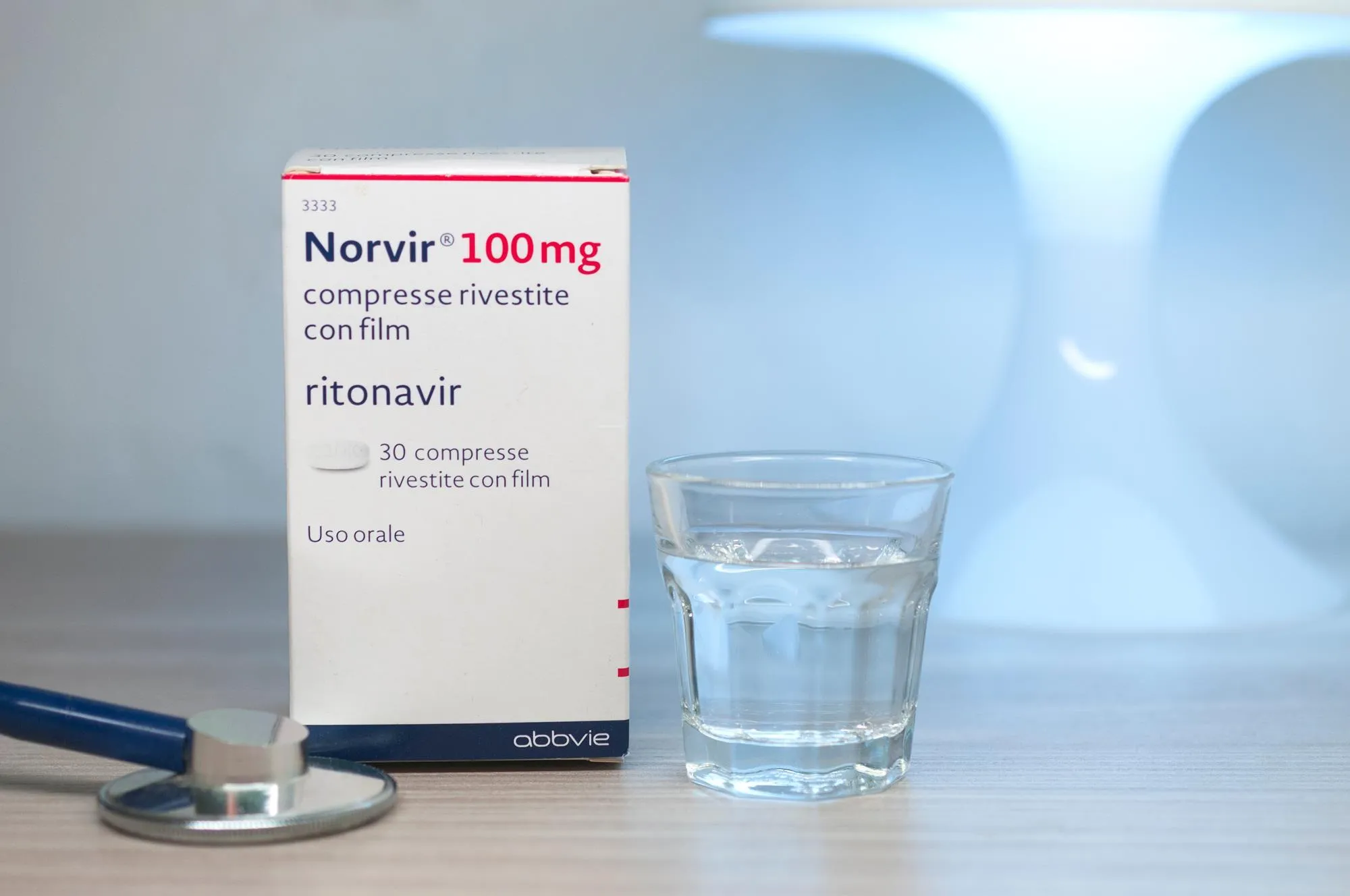 A box of AbbVie Norvir (ritonavir) 100 mg film-coated tablets.