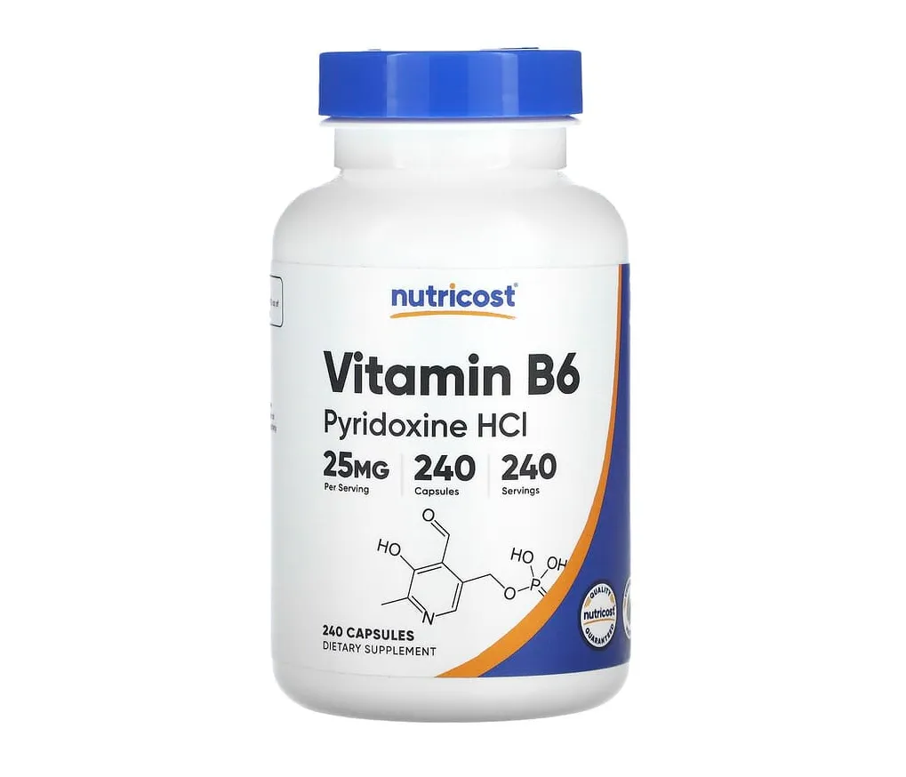 Pyridoxine A bottle of Nutricost Vitamin B6 Pyridoxine HCl 25 mg capsules, containing 240 capsules.