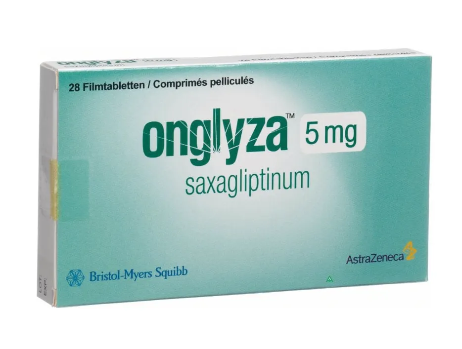 A box of AstraZeneca Bristol-Myers Squibb Onglyza (saxagliptinum) 5 mg film-coated tablets, containing 28 tablets.