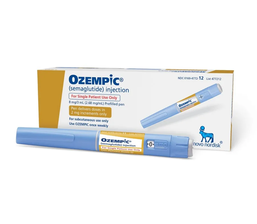 Semaglutide A box and a prefilled pen of Novo Nordisk Ozempic (semaglutide) injection, 2 mg increments.
