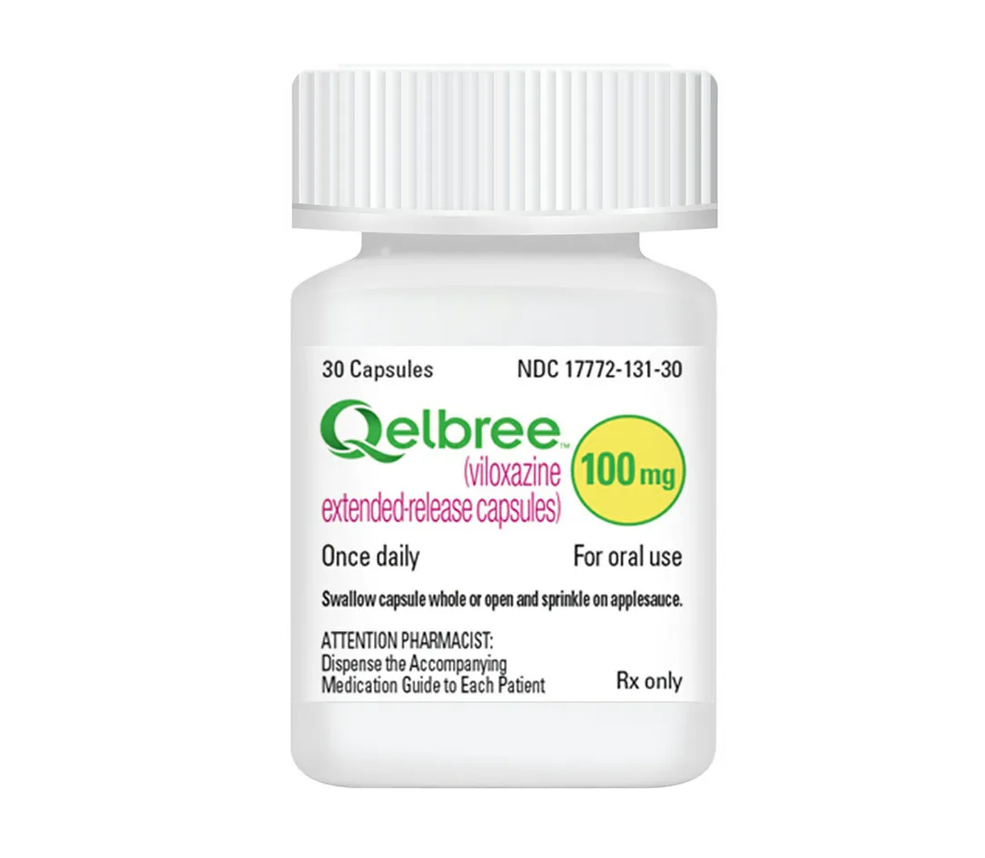 A bottle of Qelbree (viloxazine) 100 mg extended-release capsules.