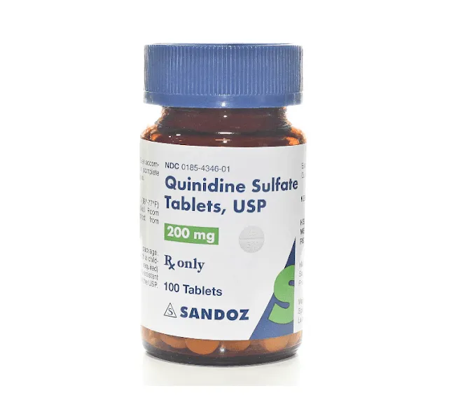 Quinidine A bottle of Sandoz Quinidine Sulfate Tablets, USP, 200 mg, containing 100 tablets.