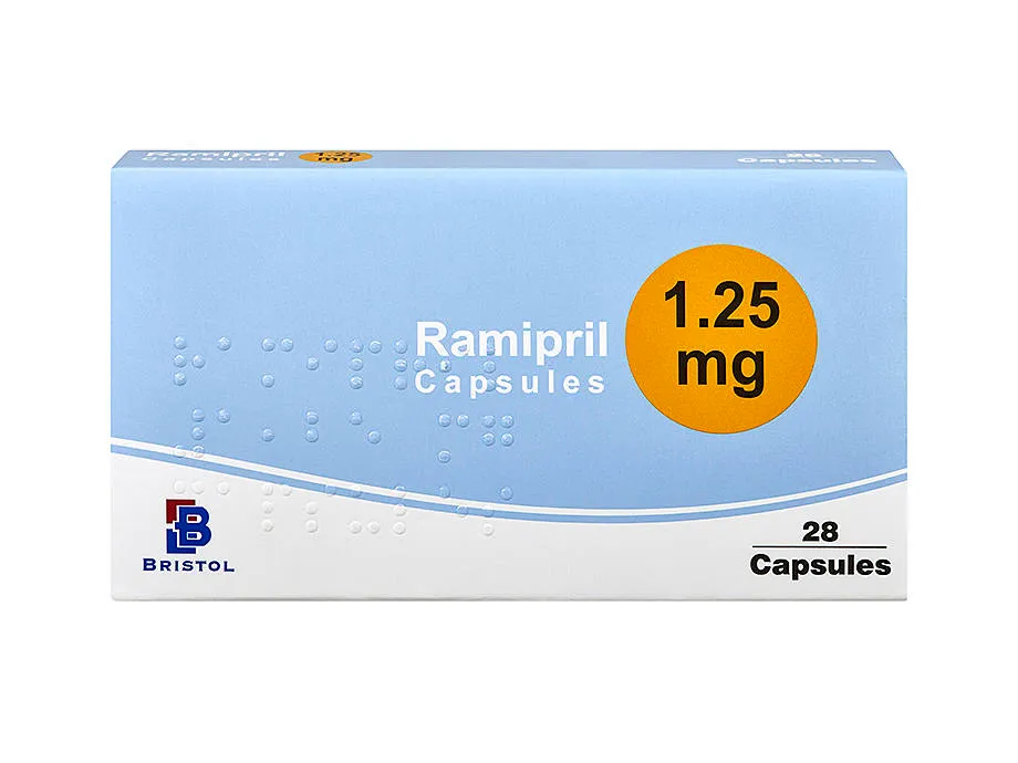 Ramipril A box of Bristol Ramipril 1.25 mg capsules, containing 28 capsules.