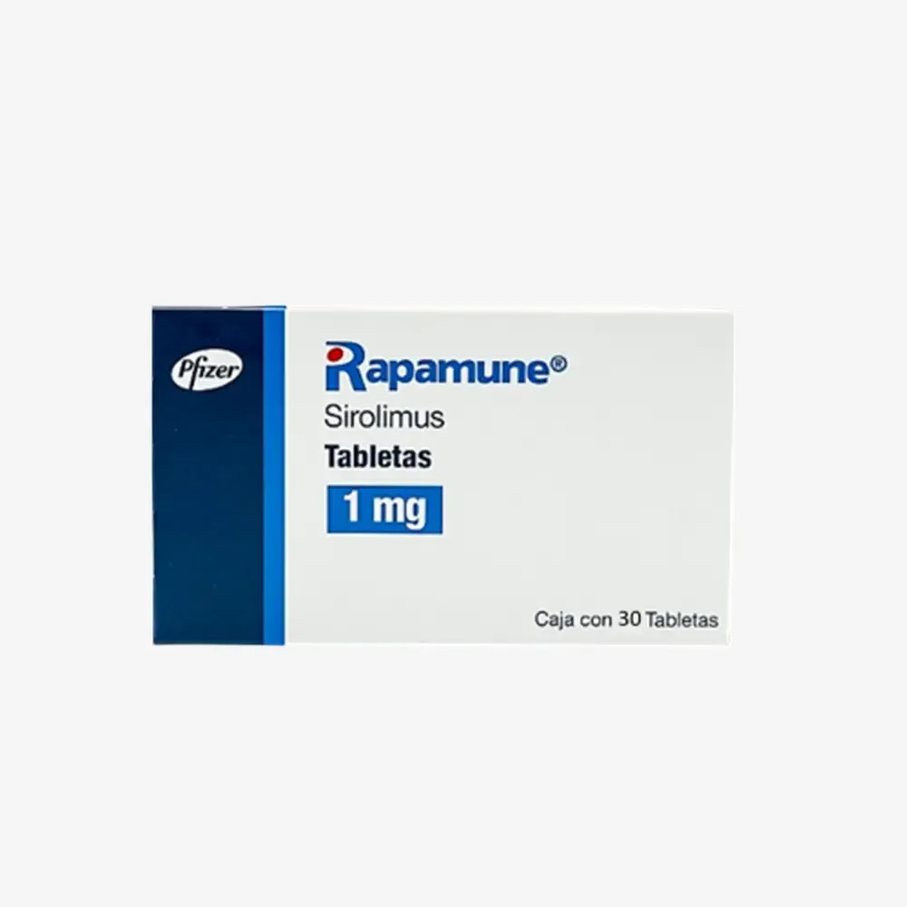 A box of Pfizer Rapamune (Sirolimus) 1 mg tablets, containing 30 tablets.