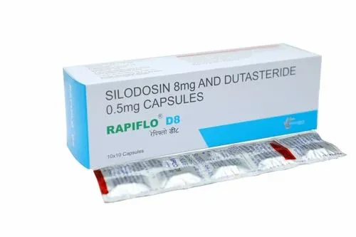 Silodosin A box and a blister pack of Rapiflo-D8 capsules, containing Silodosin 8mg and Dutasteride 0.5mg.