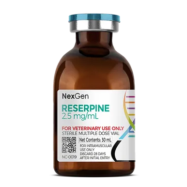 Reserpine A vial of NexGen Reserpine, 2.5 mg/mL, for veterinary use only.