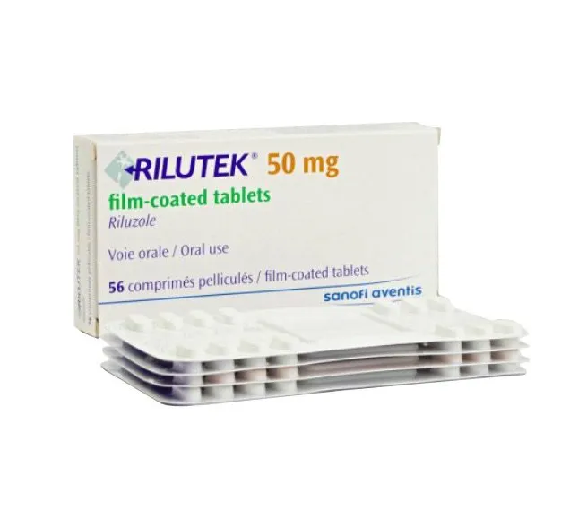 Riluzole A box of Sanofi Aventis Rilutek 50 mg film-coated tablets, with two blister packs.