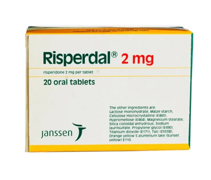 A box of Janssen Risperdal 2 mg oral tablets, containing 20 tablets.