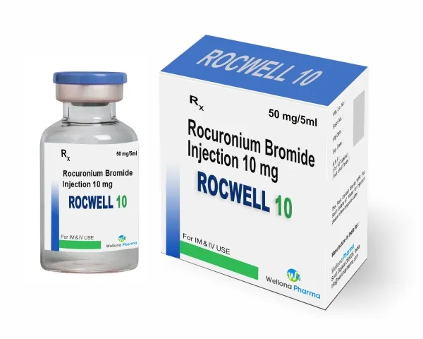 Rocuronium A box and a vial of Wellona Pharma Rocwell 10 (Rocuronium Bromide Injection 10 mg).