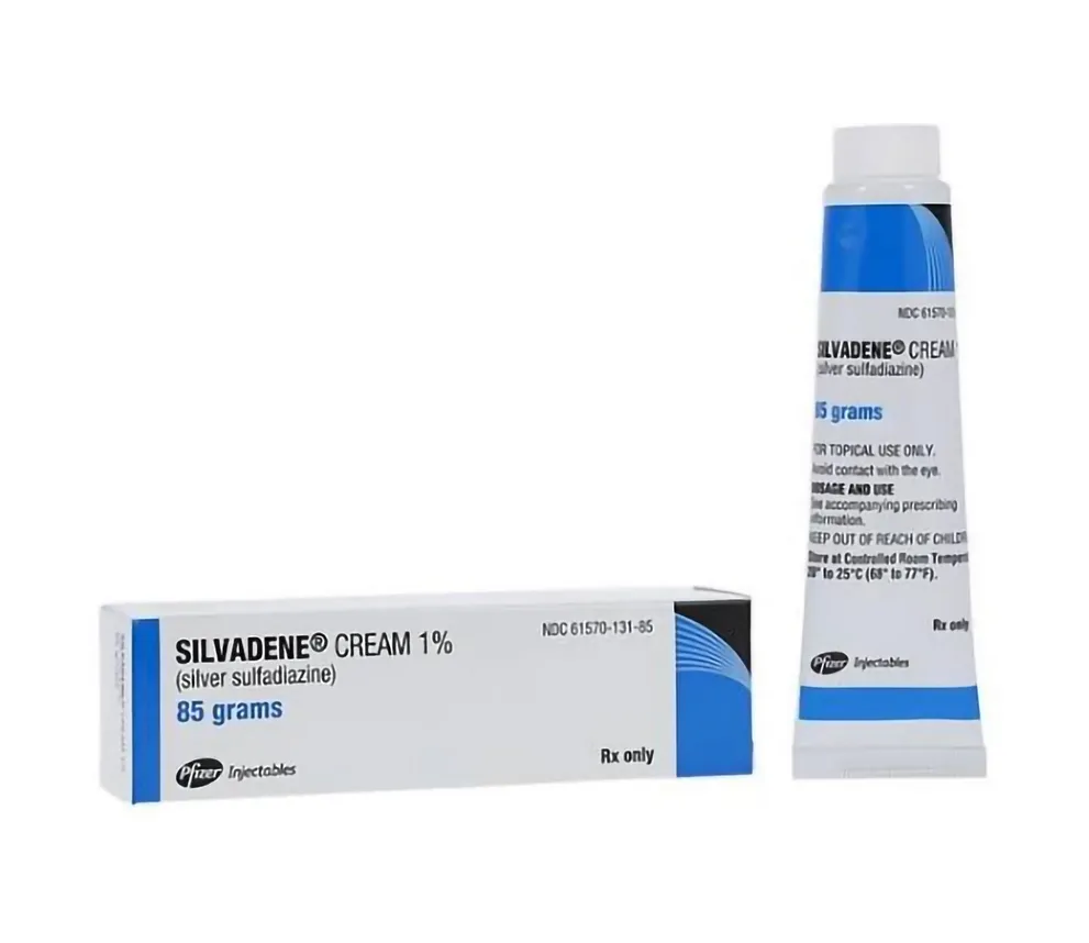A box and a tube of Pfizer Silvadene Cream 1% (silver sulfadiazine), 85 grams.