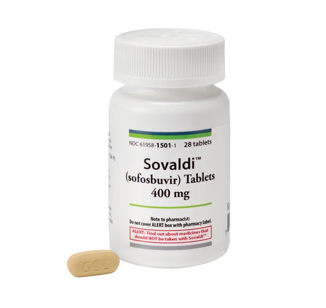 A bottle and a single tablet of Gilead Sovaldi (sofosbuvir) 400 mg tablets.