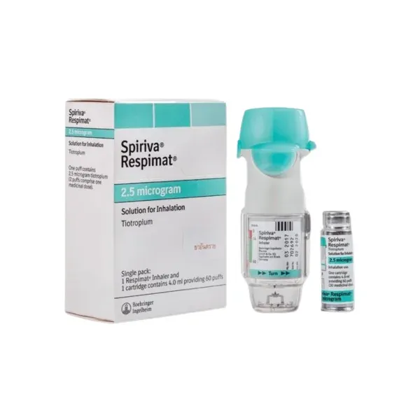 A box, an inhaler, and a cartridge of Boehringer Ingelheim Spiriva Respimat 2.5 microgram, solution for inhalation.