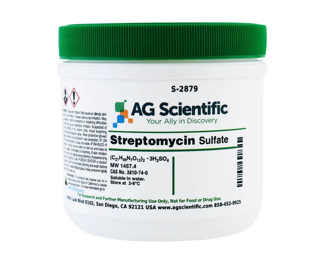 A large white container of AG Scientific Streptomycin Sulfate with a green lid.