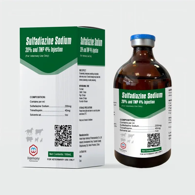 A box and a bottle of Sulfadiazine Sodium 20% and TMP 4% Injection for veterinary use only.