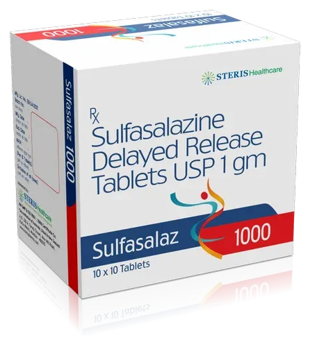 A box of Steris Healthcare Sulfasalazine Delayed Release Tablets USP 1 gm, with the brand name Sulfasalaz 1000.