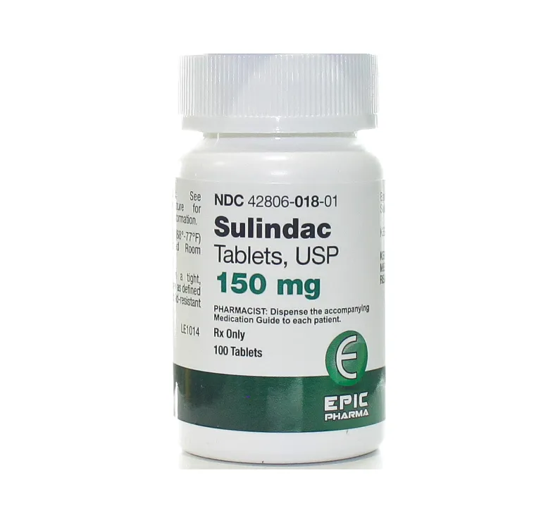 Sulindac A bottle of Epic Pharma Sulindac Tablets, USP, 150 mg, containing 100 tablets.
