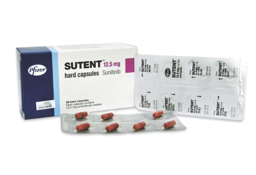 Sunitinib A box and two blister packs of Pfizer Sutent 12.5 mg hard capsules, with the active ingredient sunitinib.