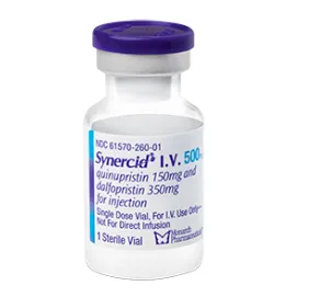 Quinupristin/Dalfopristin A single-dose vial of Synercid (quinupristin 150 mg and dalfopristin 350 mg) for injection.