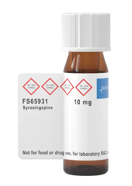 Syrosingopine A small bottle containing 10 mg of Syrosingopine from Biosynth, labeled as "Not for food or drug use, for laboratory R&D use only"