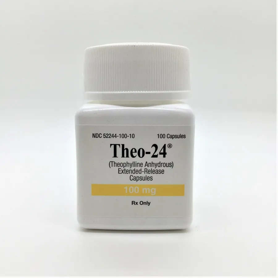 A bottle of Theo-24 (Theophylline Anhydrous) Extended-Release Capsules 100 mg, containing 100 capsules.