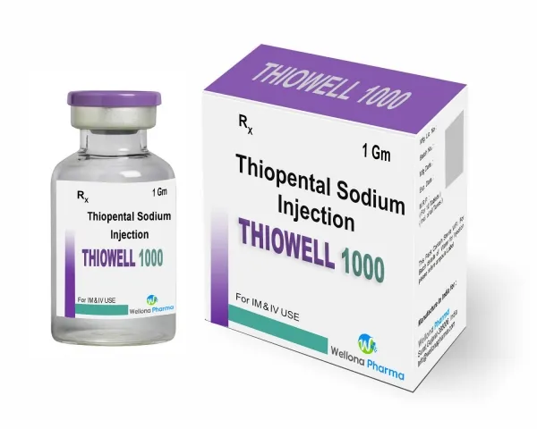 A box and a vial of Wellona Pharma Thiowell 1000 (Thiopental Sodium Injection) 1 Gm.
