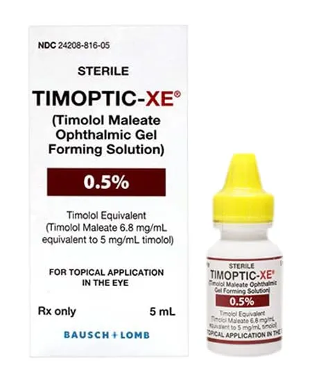 A box and a dropper bottle of Bausch + Lomb Timoptic-XE (timolol maleate ophthalmic gel forming solution) 0.5%.