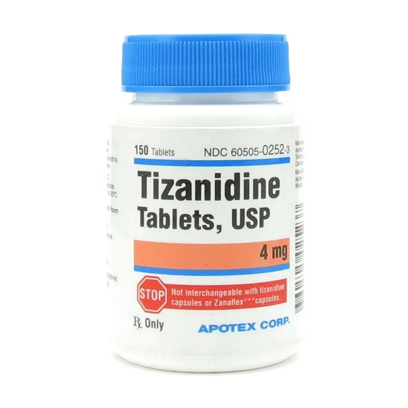 Tizanidine A bottle of Apotex Corp. Tizanidine Tablets, USP, 4 mg, containing 150 tablets.