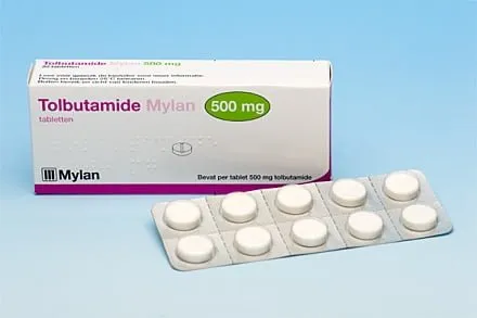 Tolbutamide A box and a blister pack of Mylan Tolbutamide 500 mg tablets.