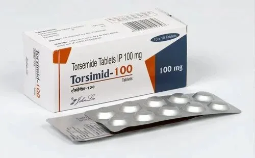 A box and a blister pack of Torsimid-100 (torsemide) tablets, 100 mg.