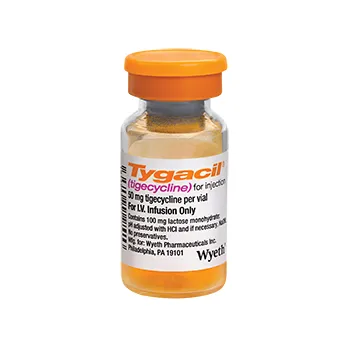 A vial of Wyeth Tygacil (tigecycline) 50 mg for injection, with orange-colored powder inside.